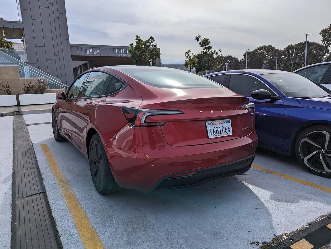 Tesla Model 3 with updated styling for 2024, photographed at Hillsdale Shopping Center