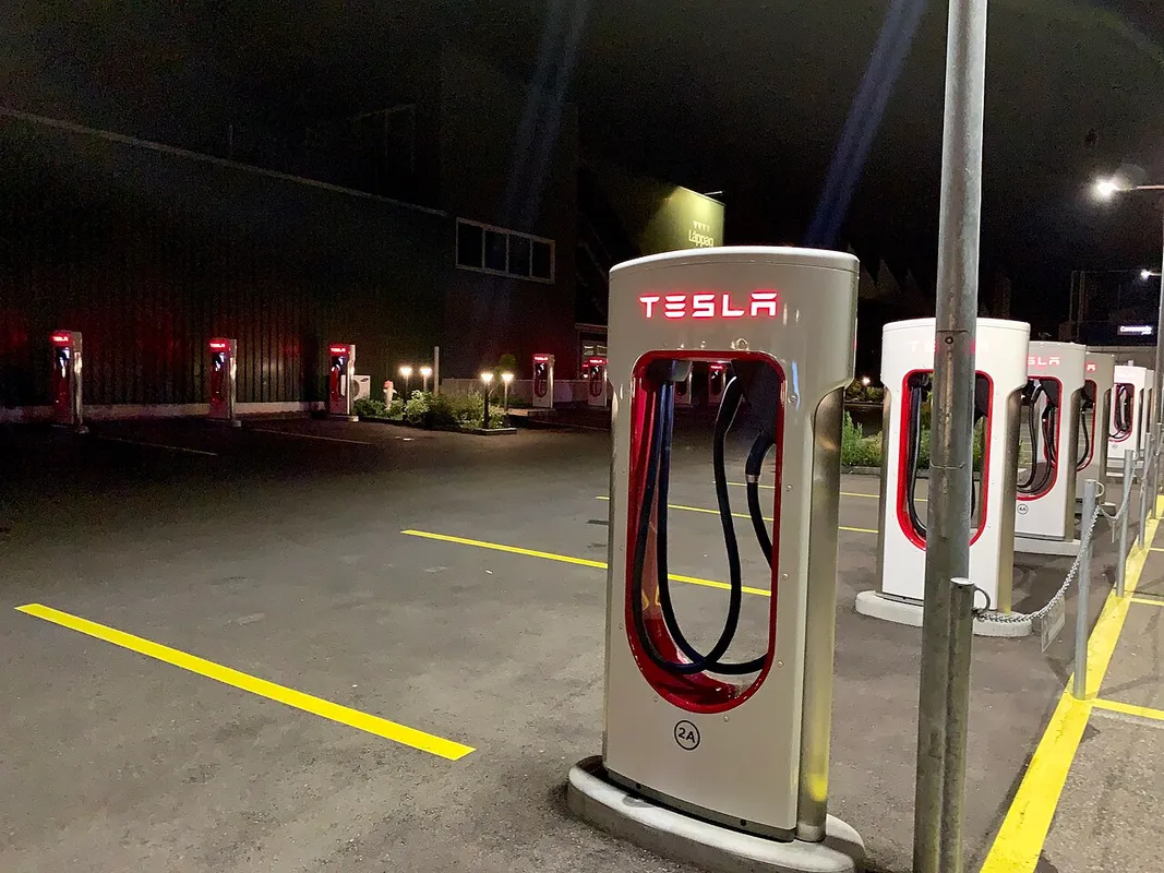 A Tesla Supercharger site photographed in Zurich